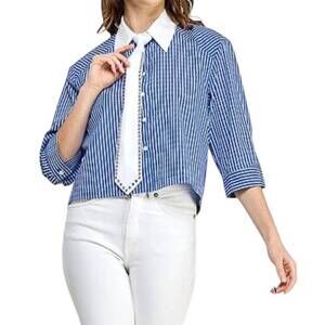 NEW PASTEL DESIGN roberta embellished striped cropped shirt with tie in blue